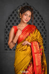 Virasat ~ Handloom Ilkal Pure Silk with Silk Mark in Beautiful Contrast Pallu ~ Mustard Yellow Red - verymuchindian.com
