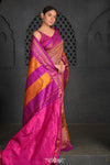 Virasat ~ Handloom Ilkal Pure Silk with Silk Mark in Beautiful Contrast Pallu ~ Orange Checks Violet Border - verymuchindian.com
