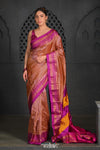 Virasat ~ Handloom Ilkal Pure Silk with Silk Mark in Beautiful Contrast Pallu ~ Orange Checks Violet Border - verymuchindian.com