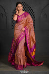 Virasat ~ Handloom Ilkal Pure Silk with Silk Mark in Beautiful Contrast Pallu ~ Orange Checks Violet Border - verymuchindian.com
