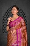 Virasat ~ Handloom Ilkal Pure Silk with Silk Mark in Beautiful Contrast Pallu ~ Orange Checks Violet Border - verymuchindian.com