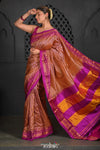 Virasat ~ Handloom Ilkal Pure Silk with Silk Mark in Beautiful Contrast Pallu ~ Orange Checks Violet Border - verymuchindian.com