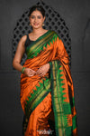 Virasat ~ Handloom Ilkal Pure Silk with Silk Mark in Beautiful Contrast Pallu ~ Orange Green - verymuchindian.com