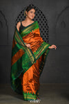 Virasat ~ Handloom Ilkal Pure Silk with Silk Mark in Beautiful Contrast Pallu ~ Orange Green - verymuchindian.com