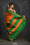 Virasat ~ Handloom Ilkal Pure Silk with Silk Mark in Beautiful Contrast Pallu ~ Orange Green - verymuchindian.com