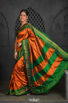 Virasat ~ Handloom Ilkal Pure Silk with Silk Mark in Beautiful Contrast Pallu ~ Orange Green - verymuchindian.com