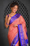 Virasat ~ Handloom Ilkal Pure Silk with Silk Mark in Beautiful Contrast Pallu ~ Peach Violet - verymuchindian.com