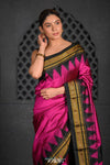 Virasat ~ Handloom Ilkal Pure Silk with Silk Mark in Beautiful Contrast Pallu ~ Pink Black - verymuchindian.com