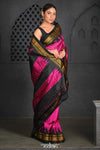 Virasat ~ Handloom Ilkal Pure Silk with Silk Mark in Beautiful Contrast Pallu ~ Pink Black - verymuchindian.com