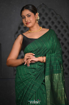 Virasat ~ Handloom Pure Cotton Paithani in Green with Zari Lines - verymuchindian.com