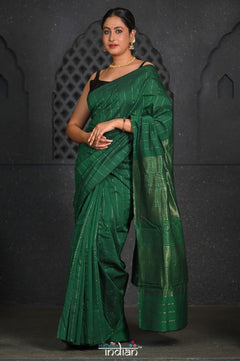 Virasat ~ Handloom Pure Cotton Paithani in Green with Zari Lines - verymuchindian.com