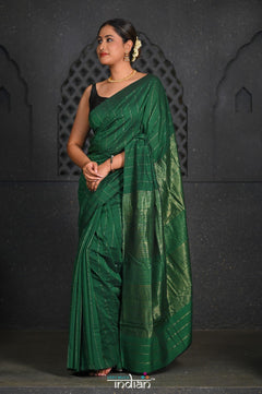 Virasat ~ Handloom Pure Cotton Paithani in Green with Zari Lines - verymuchindian.com