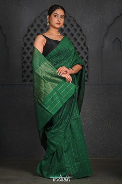 Virasat ~ Handloom Pure Cotton Paithani in Green with Zari Lines - verymuchindian.com