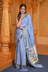 Virasat ~ Handloom Pure Cotton Paithani with Asawali Pallu in Blue Lilac - verymuchindian.com
