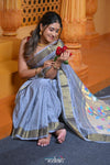 Virasat ~ Handloom Pure Cotton Paithani with Asawali Pallu in Blue Lilac - verymuchindian.com