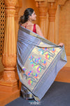 Virasat ~ Handloom Pure Cotton Paithani with Asawali Pallu in Blue Lilac - verymuchindian.com