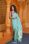 Virasat ~ Handloom Pure Cotton Paithani with Asawali Pallu in Sea Green - verymuchindian.com