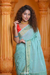 Virasat ~ Handloom Pure Cotton Paithani with Asawali Pallu in Sea Green - verymuchindian.com