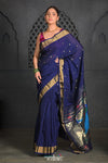 Virasat ~ Handloom Pure Cotton Paithani with Fancy Peacock Pallu in Dark Blue - verymuchindian.com