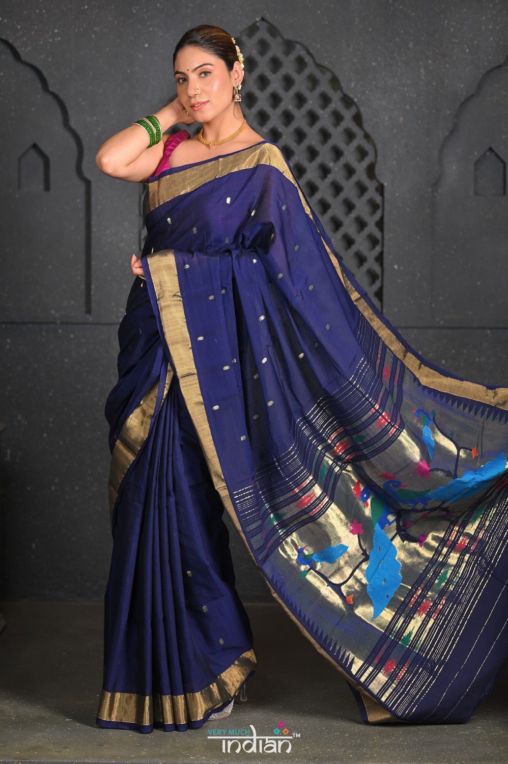 Virasat ~ Handloom Pure Cotton Paithani with Fancy Peacock Pallu in Dark Blue - verymuchindian.com