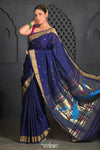 Virasat ~ Handloom Pure Cotton Paithani with Fancy Peacock Pallu in Dark Blue - verymuchindian.com