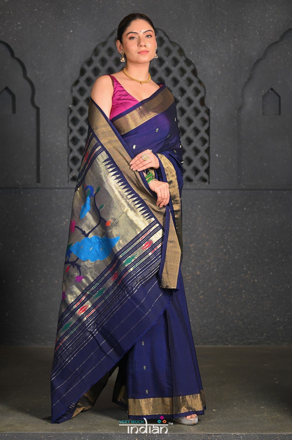 Virasat ~ Handloom Pure Cotton Paithani with Fancy Peacock Pallu in Dark Blue - verymuchindian.com