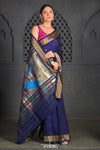 Virasat ~ Handloom Pure Cotton Paithani with Fancy Peacock Pallu in Dark Blue - verymuchindian.com