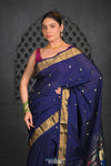 Virasat ~ Handloom Pure Cotton Paithani with Fancy Peacock Pallu in Dark Blue - verymuchindian.com