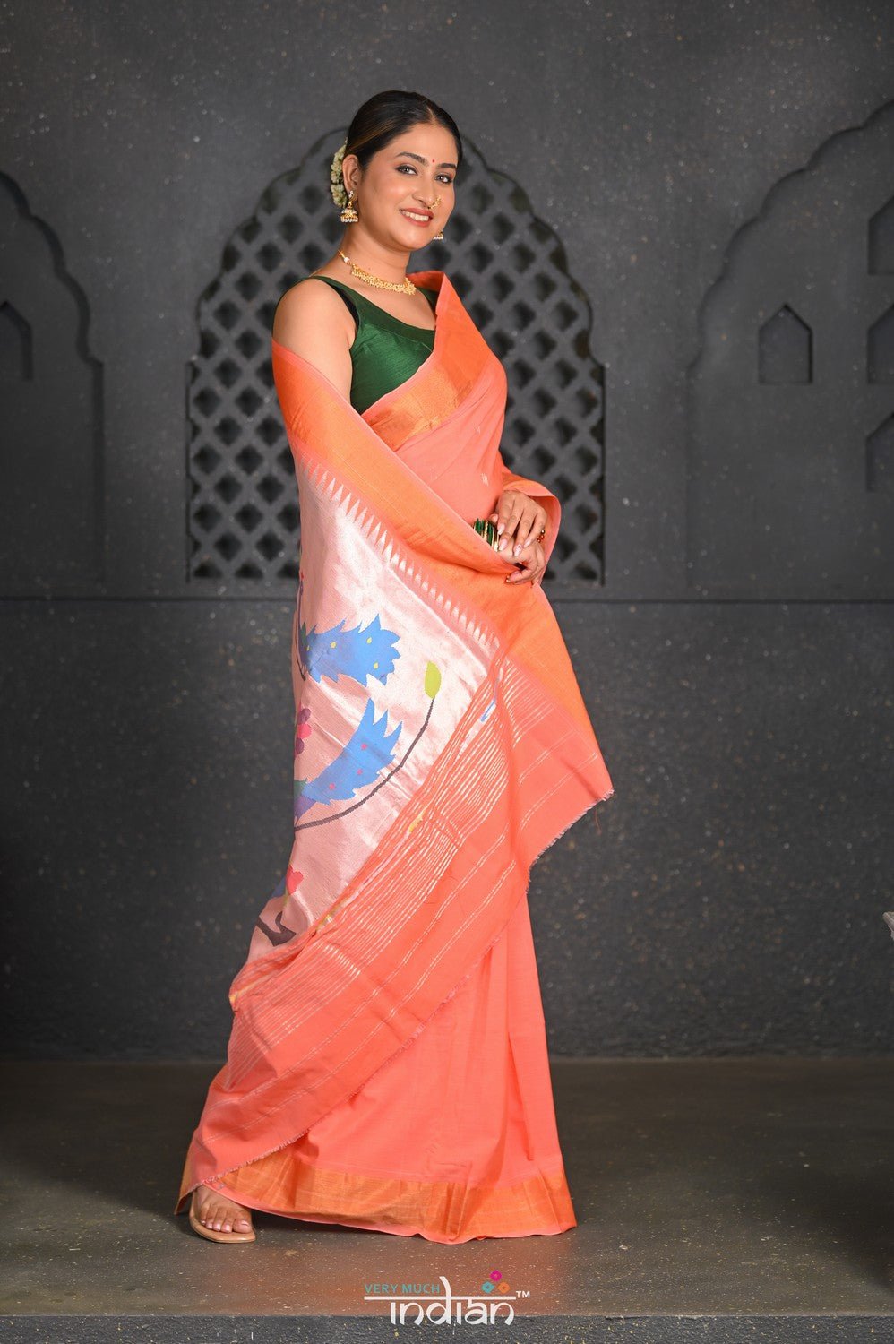 Virasat ~ Handloom Pure Cotton Paithani with Fancy Peacock Pallu in Peach - verymuchindian.com