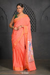 Virasat ~ Handloom Pure Cotton Paithani with Fancy Peacock Pallu in Peach - verymuchindian.com