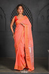 Virasat ~ Handloom Pure Cotton Paithani with Fancy Peacock Pallu in Sunset Orange - verymuchindian.com