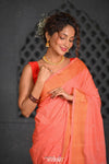 Virasat ~ Handloom Pure Cotton Paithani with Fancy Peacock Pallu in Sunset Orange - verymuchindian.com