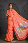 Virasat ~ Handloom Pure Cotton Paithani with Fancy Peacock Pallu in Sunset Orange - verymuchindian.com