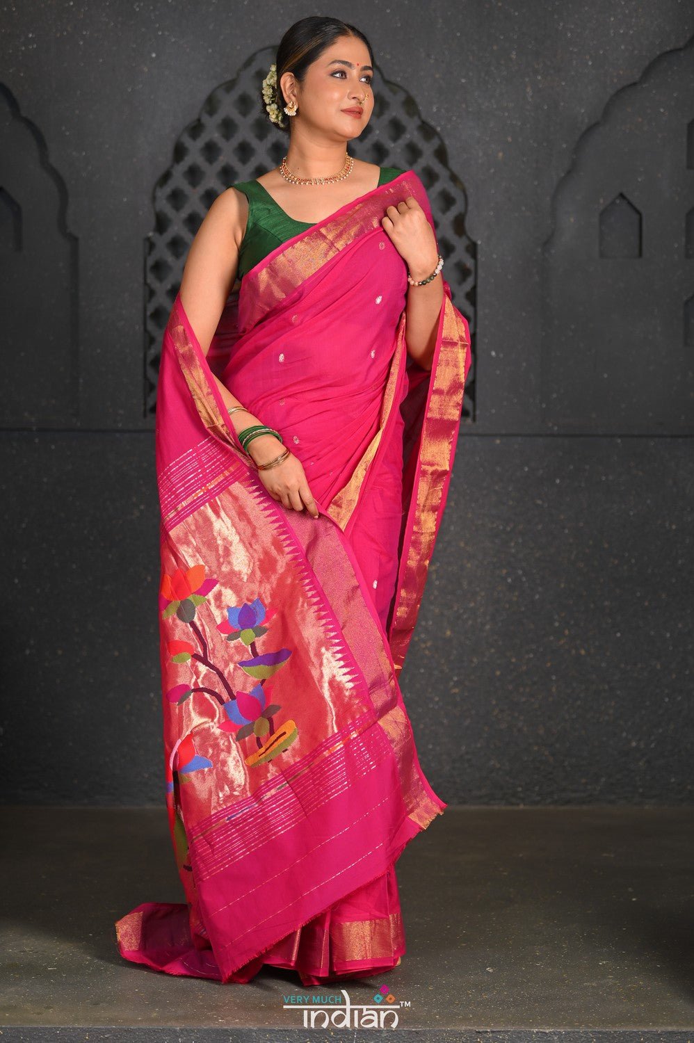 Virasat ~ Handloom Pure Cotton Paithani with Lotus Pallu in Magenta Pink - verymuchindian.com