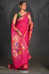 Virasat ~ Handloom Pure Cotton Paithani with Lotus Pallu in Magenta Pink - verymuchindian.com
