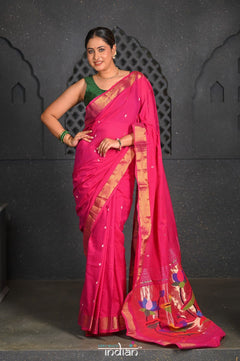 Virasat ~ Handloom Pure Cotton Paithani with Lotus Pallu in Magenta Pink - verymuchindian.com
