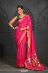 Virasat ~ Handloom Pure Cotton Paithani with Lotus Pallu in Magenta Pink - verymuchindian.com