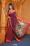 Virasat ~ Handloom Pure Cotton Paithani with Lotus Pallu in Maroon - verymuchindian.com