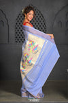 Virasat ~ Handloom Pure Cotton Paithani with Lotus Pallu in Powder Blue - verymuchindian.com