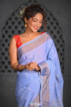 Virasat ~ Handloom Pure Cotton Paithani with Lotus Pallu in Powder Blue - verymuchindian.com