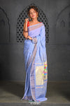 Virasat ~ Handloom Pure Cotton Paithani with Lotus Pallu in Powder Blue - verymuchindian.com