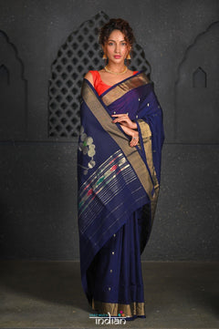Virasat ~ Handloom Pure Cotton Paithani with Nath Pallu in Dark Blue - verymuchindian.com