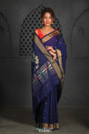 Virasat ~ Handloom Pure Cotton Paithani with Nath Pallu in Dark Blue - verymuchindian.com