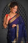 Virasat ~ Handloom Pure Cotton Paithani with Nath Pallu in Dark Blue - verymuchindian.com