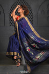 Virasat ~ Handloom Pure Cotton Paithani with Nath Pallu in Dark Blue - verymuchindian.com