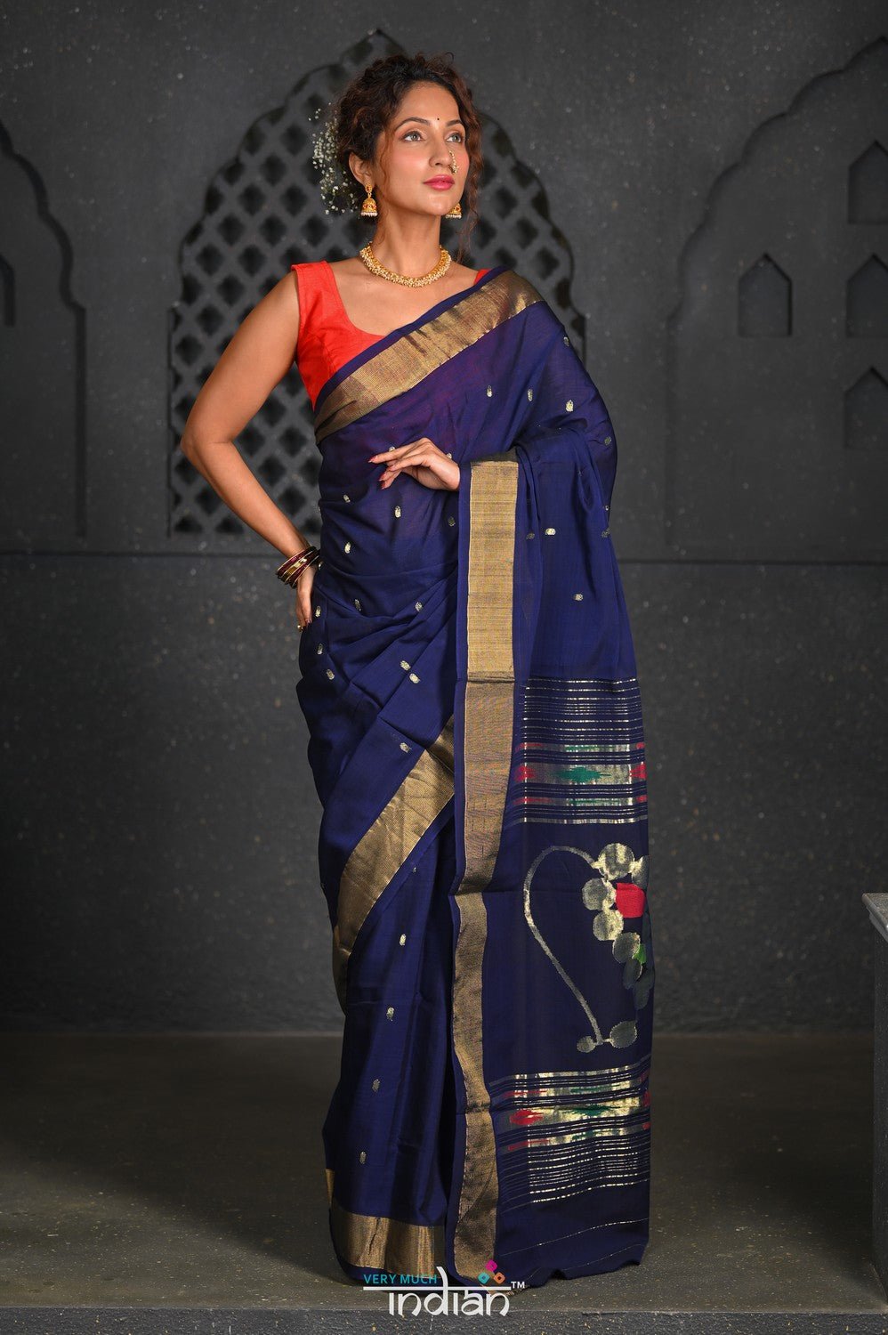 Virasat ~ Handloom Pure Cotton Paithani with Nath Pallu in Dark Blue - verymuchindian.com