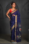Virasat ~ Handloom Pure Cotton Paithani with Nath Pallu in Dark Blue - verymuchindian.com