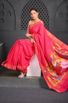 Virasat ~ Handloom Pure Cotton Paithani with Pichwai Lotus Pallu in Delight Pink - verymuchindian.com