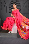 Virasat ~ Handloom Pure Cotton Paithani with Pichwai Lotus Pallu in Delight Pink - verymuchindian.com
