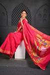 Virasat ~ Handloom Pure Cotton Paithani with Pichwai Lotus Pallu in Delight Pink - verymuchindian.com